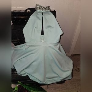 bebe Light Blue Embellished Halter Cocktail Dress